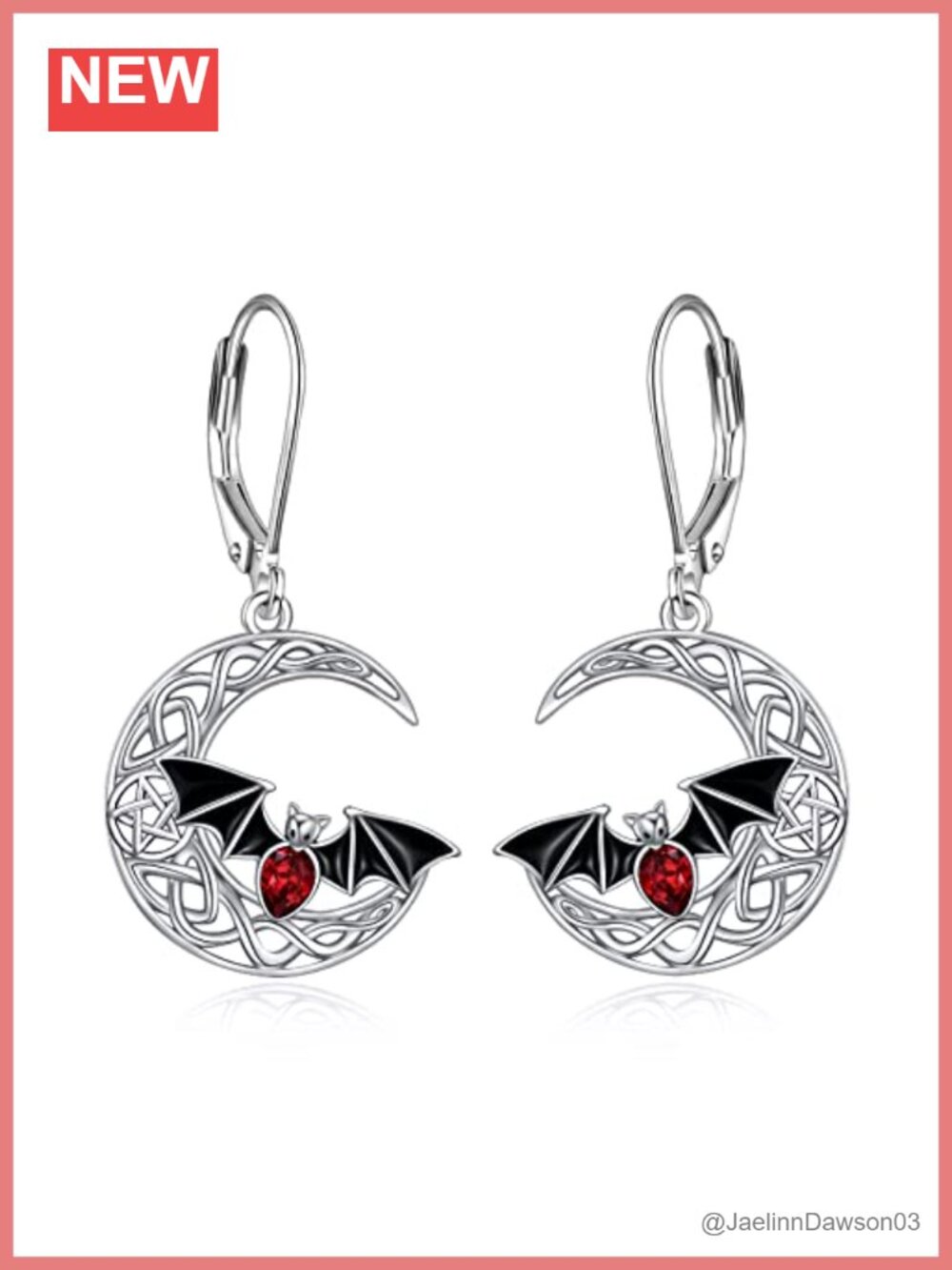 Moon Bat Dangle Leverback Earrings 925 Sterling Silver Red CZ - Picture 1 of 2